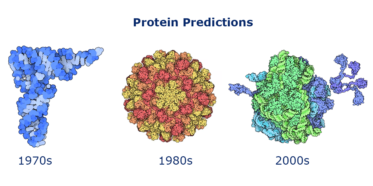 Protein Predictions, an image of three protein molecules, one labeled 1970s, one 1980s, and one 2000s